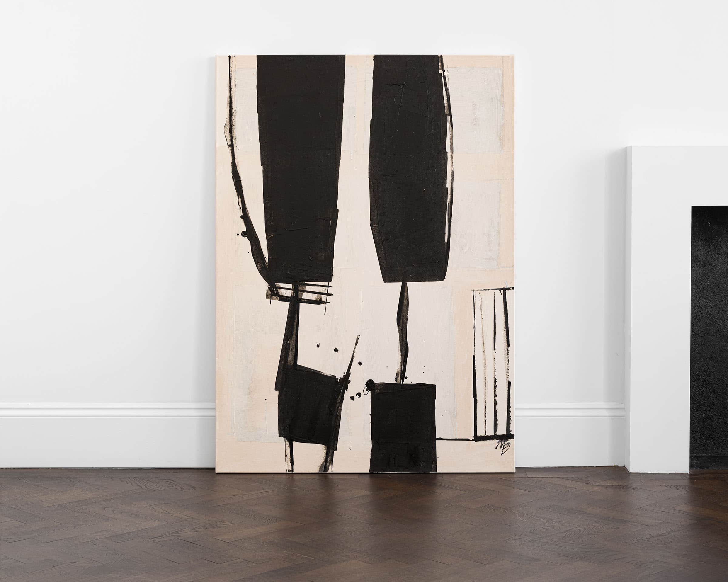 A painting of two black rectangular objects with lines.